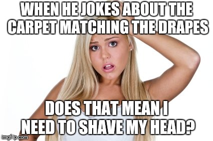 Dumb Blonde | WHEN HE JOKES ABOUT THE CARPET MATCHING THE DRAPES; DOES THAT MEAN I NEED TO SHAVE MY HEAD? | image tagged in dumb blonde,yayaya | made w/ Imgflip meme maker
