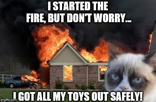 Burn Kitty | I STARTED THE FIRE, BUT DON'T WORRY... I GOT ALL MY TOYS OUT SAFELY! | image tagged in memes,burn kitty,grumpy cat | made w/ Imgflip meme maker