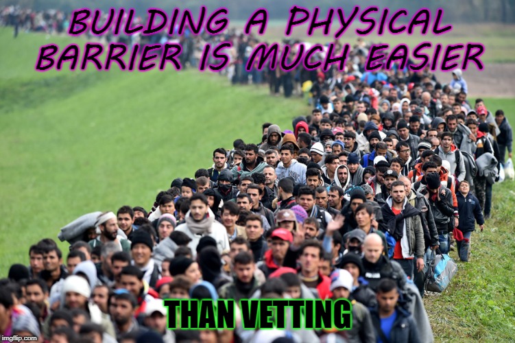 muslim-welfare-migrants | BUILDING A PHYSICAL BARRIER IS MUCH EASIER; THAN VETTING | image tagged in muslim-welfare-migrants | made w/ Imgflip meme maker