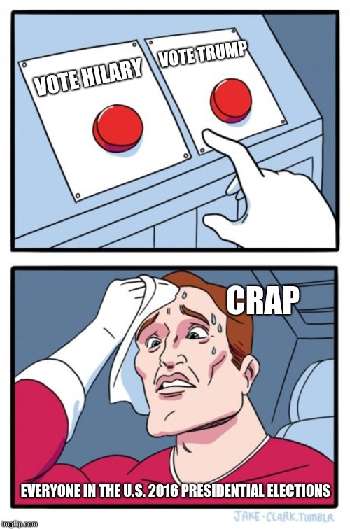 Two Buttons Meme | VOTE TRUMP; VOTE HILARY; CRAP; EVERYONE IN THE U.S. 2016 PRESIDENTIAL ELECTIONS | image tagged in memes,two buttons | made w/ Imgflip meme maker