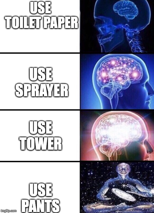 many way to clean you butt | USE TOILET PAPER; USE SPRAYER; USE TOWER; USE PANTS | image tagged in expanding brain | made w/ Imgflip meme maker