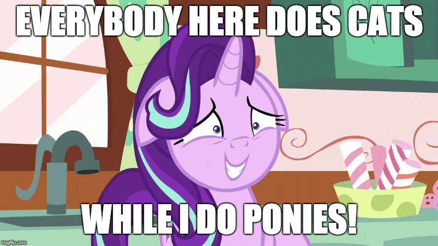 Awkward place to put a pony meme! | EVERYBODY HERE DOES CATS; WHILE I DO PONIES! | image tagged in embarrassed starlight glimmer,memes,cats,ponies | made w/ Imgflip meme maker