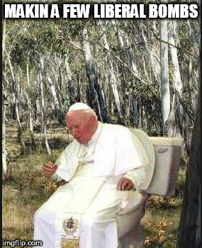 I guess the  pope is a   bear | MAKIN A FEW LIBERAL BOMBS | image tagged in pope francis,taking,a,dump in the woods,does a bear | made w/ Imgflip meme maker
