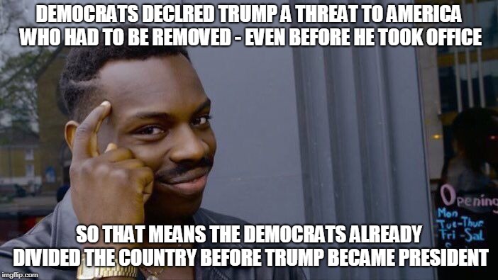 Roll Safe Think About It Meme | DEMOCRATS DECLRED TRUMP A THREAT TO AMERICA WHO HAD TO BE REMOVED - EVEN BEFORE HE TOOK OFFICE; SO THAT MEANS THE DEMOCRATS ALREADY DIVIDED THE COUNTRY BEFORE TRUMP BECAME PRESIDENT | image tagged in memes,roll safe think about it | made w/ Imgflip meme maker