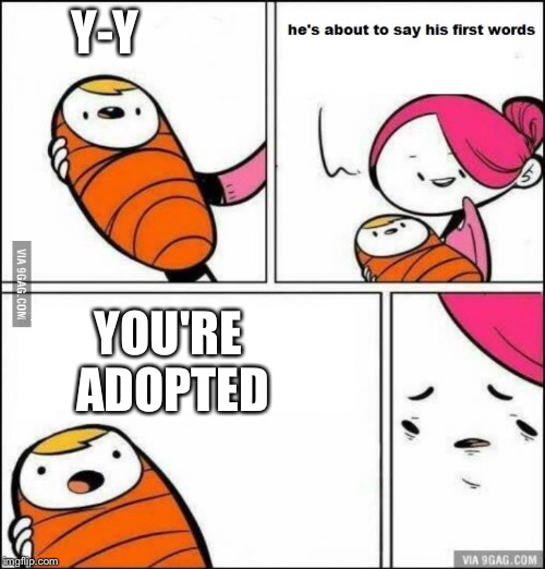 Adopted Mum? | Y-Y; YOU'RE ADOPTED | image tagged in he is about to say his first words,adopted | made w/ Imgflip meme maker