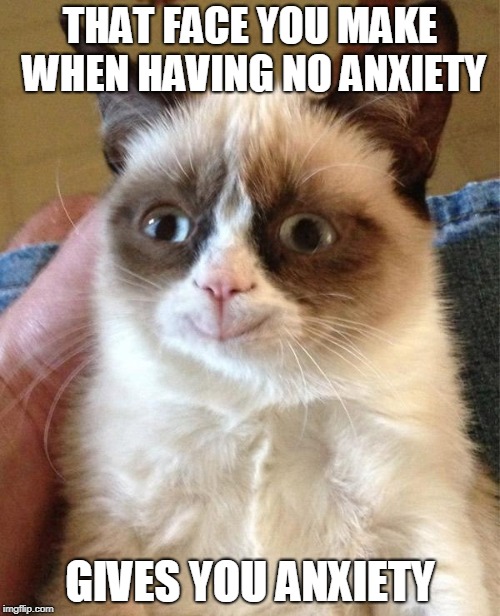 Grumpy Cat Happy | THAT FACE YOU MAKE WHEN HAVING NO ANXIETY; GIVES YOU ANXIETY | image tagged in memes,grumpy cat happy,grumpy cat | made w/ Imgflip meme maker