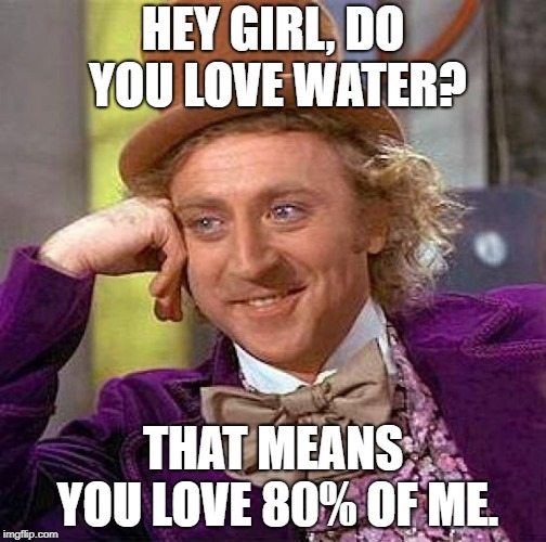 Creepy Condescending Wonka Meme |  HEY GIRL, DO YOU LOVE WATER? THAT MEANS YOU LOVE 80% OF ME. | image tagged in memes,creepy condescending wonka | made w/ Imgflip meme maker