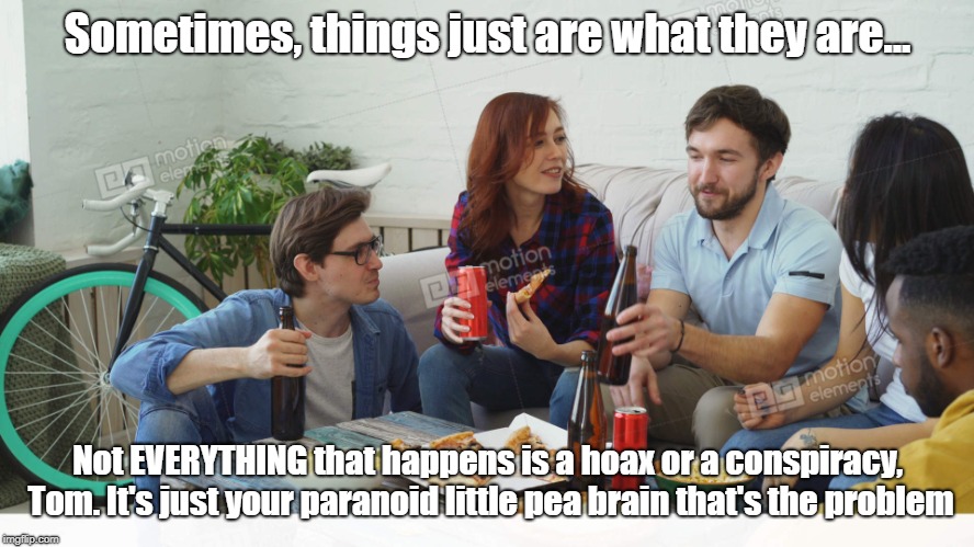 Dose Of Reality |  Sometimes, things just are what they are... Not EVERYTHING that happens is a hoax or a conspiracy, Tom. It's just your paranoid little pea brain that's the problem | image tagged in people talking with pizza,paranoia,conspiracy theories,memes | made w/ Imgflip meme maker