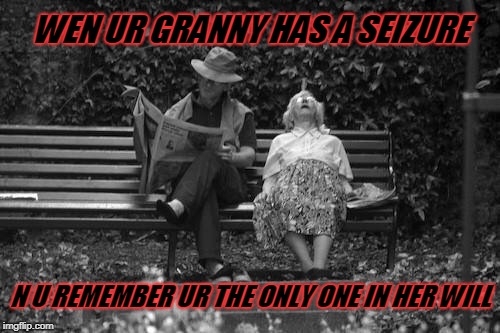 not one damn was given that day | WEN UR GRANNY HAS A SEIZURE; N U REMEMBER UR THE ONLY ONE IN HER WILL | image tagged in funny memes | made w/ Imgflip meme maker