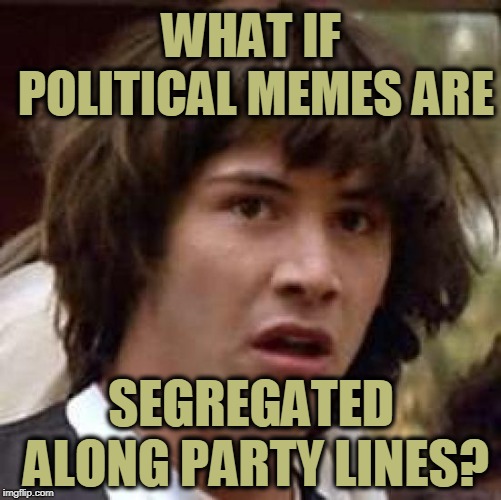 Conspiracy Keanu | WHAT IF POLITICAL MEMES ARE; SEGREGATED ALONG PARTY LINES? | image tagged in memes,conspiracy keanu | made w/ Imgflip meme maker