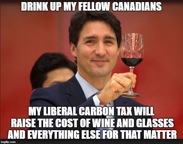 Might be drinking less soon | DRINK UP MY FELLOW CANADIANS; MY LIBERAL CARBON TAX WILL RAISE THE COST OF WINE AND GLASSES AND EVERYTHING ELSE FOR THAT MATTER | image tagged in trudeau toast,trudeau,justin trudeau,carbon footprint,stupid liberals,taxation is theft | made w/ Imgflip meme maker