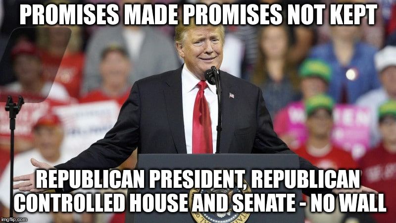 I know, blame the Democrats! | PROMISES MADE PROMISES NOT KEPT; REPUBLICAN PRESIDENT, REPUBLICAN CONTROLLED HOUSE AND SENATE - NO WALL | image tagged in trump,humor,republicans,democrats,wall,trump wall | made w/ Imgflip meme maker