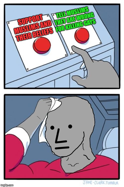 Hypocrite? | TELL MUSLIMS THEY ARE WRONG FOR KILLING GAYS; SUPPORT MUSLIMS AND THEIR BELIEFS | image tagged in npc choice dilema,stuck | made w/ Imgflip meme maker