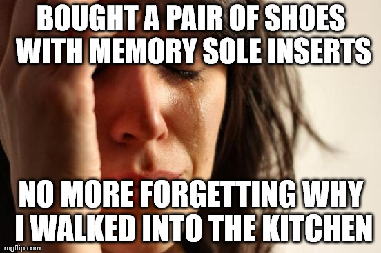 If only it was that easy. | BOUGHT A PAIR OF SHOES WITH MEMORY SOLE INSERTS; NO MORE FORGETTING WHY I WALKED INTO THE KITCHEN | image tagged in memes,first world problems | made w/ Imgflip meme maker
