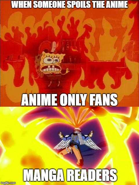 WHEN SOMEONE SPOILS THE ANIME; ANIME ONLY FANS; MANGA READERS | image tagged in spoiler,spoiler alert | made w/ Imgflip meme maker