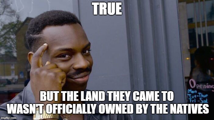 Roll Safe Think About It Meme | TRUE BUT THE LAND THEY CAME TO WASN'T OFFICIALLY OWNED BY THE NATIVES | image tagged in memes,roll safe think about it | made w/ Imgflip meme maker