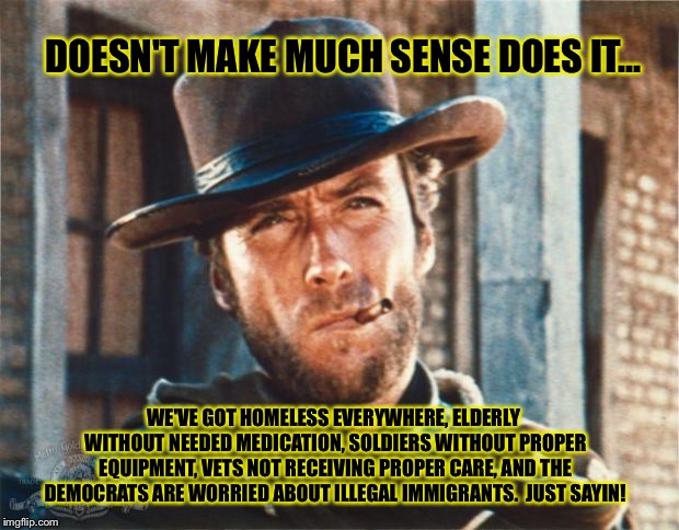 Clint Eastwood | DOESN'T MAKE MUCH SENSE DOES IT... WE'VE GOT HOMELESS EVERYWHERE, ELDERLY WITHOUT NEEDED MEDICATION, SOLDIERS WITHOUT PROPER EQUIPMENT, VETS NOT RECEIVING PROPER CARE, AND THE DEMOCRATS ARE WORRIED ABOUT ILLEGAL IMMIGRANTS.  JUST SAYIN! | image tagged in clint eastwood | made w/ Imgflip meme maker