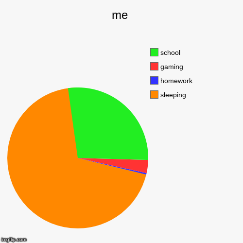 me | sleeping, homework, gaming, school | image tagged in funny,pie charts | made w/ Imgflip chart maker