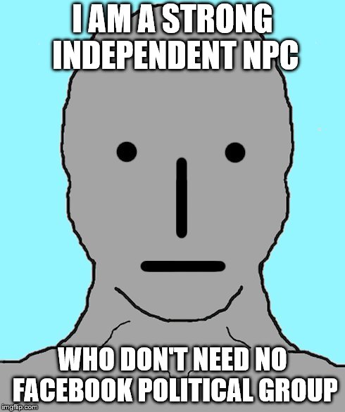 NPC Wojak | I AM A STRONG INDEPENDENT NPC WHO DON'T NEED NO FACEBOOK POLITICAL GROUP | image tagged in npc wojak | made w/ Imgflip meme maker