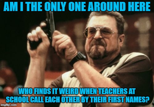 I can't be alone on this | AM I THE ONLY ONE AROUND HERE; WHO FINDS IT WEIRD WHEN TEACHERS AT SCHOOL CALL EACH OTHER BY THEIR FIRST NAMES? | image tagged in memes,am i the only one around here,doctordoomsday180,teacher,teachers,school | made w/ Imgflip meme maker