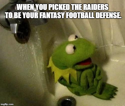 Raiders suck even in fantasy football | WHEN YOU PICKED THE RAIDERS TO BE YOUR FANTASY FOOTBALL DEFENSE. | image tagged in kermit on shower,memes,raiders,nfl football,fantasy football,defense | made w/ Imgflip meme maker