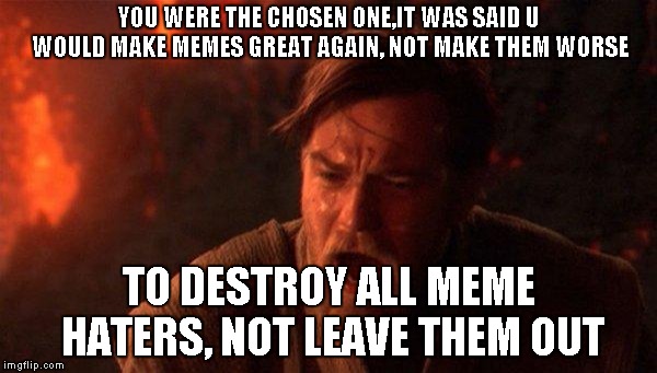 You Were The Chosen One (Star Wars) | YOU WERE THE CHOSEN ONE,IT WAS SAID U WOULD MAKE MEMES GREAT AGAIN, NOT MAKE THEM WORSE; TO DESTROY ALL MEME HATERS, NOT LEAVE THEM OUT | image tagged in memes,you were the chosen one star wars | made w/ Imgflip meme maker