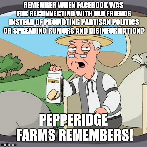 Pepperidge Farm Remembers | REMEMBER WHEN FACEBOOK WAS FOR RECONNECTING WITH OLD FRIENDS INSTEAD OF PROMOTING PARTISAN POLITICS OR SPREADING RUMORS AND DISINFORMATION? PEPPERIDGE FARMS REMEMBERS! | image tagged in memes,pepperidge farm remembers | made w/ Imgflip meme maker