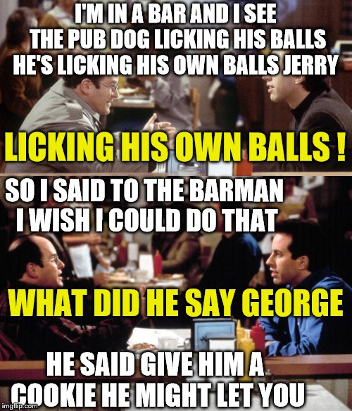 Seinfeld  | I'M IN A BAR AND I SEE THE PUB DOG LICKING HIS BALLS HE'S LICKING HIS OWN BALLS JERRY; LICKING HIS OWN BALLS ! SO I SAID TO THE BARMAN I WISH I COULD DO THAT; WHAT DID HE SAY GEORGE; HE SAID GIVE HIM A COOKIE HE MIGHT LET YOU | image tagged in bar,seinfeld,dog | made w/ Imgflip meme maker