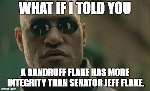 Jeff Flake is flakier than dandruff | WHAT IF I TOLD YOU; A DANDRUFF FLAKE HAS MORE INTEGRITY THAN SENATOR JEFF FLAKE. | image tagged in memes,matrix morpheus,jeff flake,politicians,washington,flip flop | made w/ Imgflip meme maker