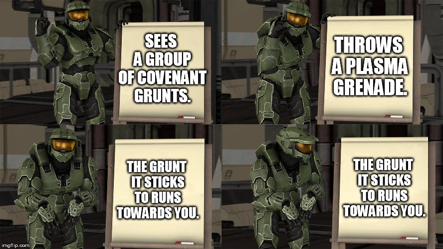 Master Chief's Plan-(Despicable Me Halo) | THROWS A PLASMA GRENADE. SEES A GROUP OF COVENANT GRUNTS. THE GRUNT IT STICKS TO RUNS TOWARDS YOU. THE GRUNT IT STICKS TO RUNS TOWARDS YOU. | image tagged in master chief's plan-despicable me halo | made w/ Imgflip meme maker