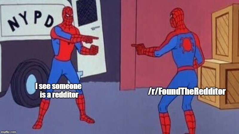 spiderman pointing at spiderman | I see someone is a redditor; /r/FoundTheRedditor | image tagged in spiderman pointing at spiderman | made w/ Imgflip meme maker