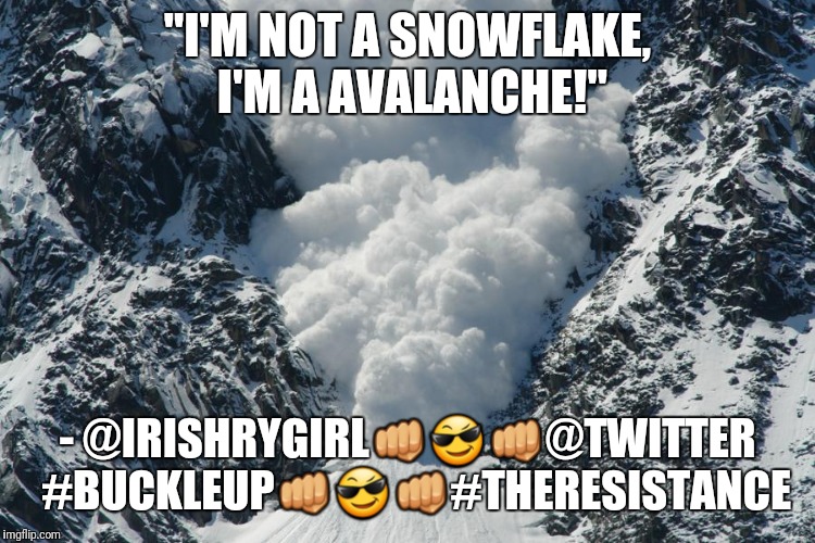 avalanche | "I'M NOT A SNOWFLAKE, I'M A AVALANCHE!"; - @IRISHRYGIRL👊😎👊@TWITTER 

#BUCKLEUP👊😎👊#THERESISTANCE | image tagged in avalanche | made w/ Imgflip meme maker