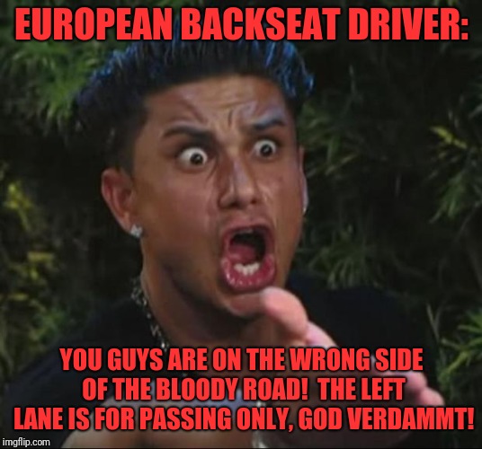 DJ Pauly D Meme | EUROPEAN BACKSEAT DRIVER:; YOU GUYS ARE ON THE WRONG SIDE OF THE BLOODY ROAD!  THE LEFT LANE IS FOR PASSING ONLY, GOD VERDAMMT! | image tagged in memes,dj pauly d | made w/ Imgflip meme maker
