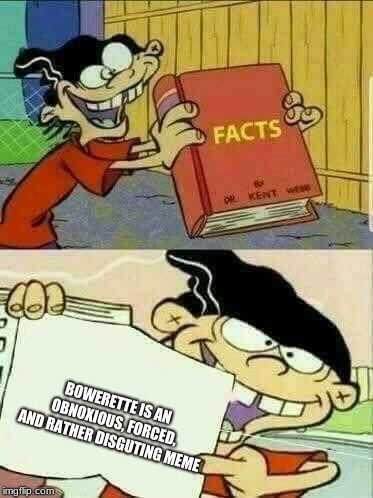 Double D's Facts Book | BOWERETTE IS AN OBNOXIOUS, FORCED, AND RATHER DISGUTING MEME | image tagged in double d's facts book | made w/ Imgflip meme maker