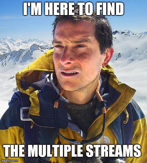 Bear won't be complaining | I'M HERE TO FIND; THE MULTIPLE STREAMS | image tagged in memes,bear grylls | made w/ Imgflip meme maker