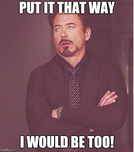 Face You Make Robert Downey Jr Meme | PUT IT THAT WAY I WOULD BE TOO! | image tagged in memes,face you make robert downey jr | made w/ Imgflip meme maker