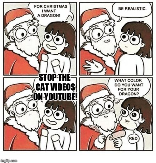 That's impossible child. |  STOP THE CAT VIDEOS ON YOUTUBE! | image tagged in for christmas i want,memes,funny,cat videos | made w/ Imgflip meme maker