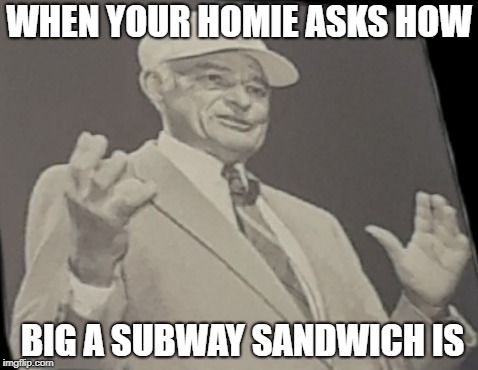 Bout this big | WHEN YOUR HOMIE ASKS HOW; BIG A SUBWAY SANDWICH IS | image tagged in subway,homie,walmart | made w/ Imgflip meme maker
