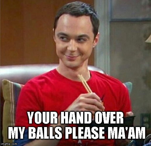 Sheldon Chinese Food | YOUR HAND OVER MY BALLS PLEASE MA'AM | image tagged in sheldon chinese food | made w/ Imgflip meme maker