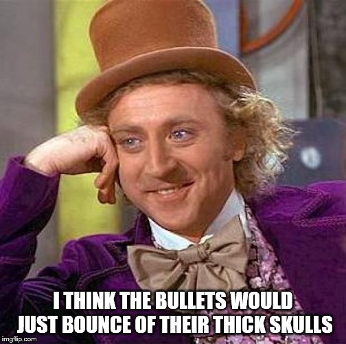 Creepy Condescending Wonka Meme | I THINK THE BULLETS WOULD JUST BOUNCE OF THEIR THICK SKULLS | image tagged in memes,creepy condescending wonka | made w/ Imgflip meme maker