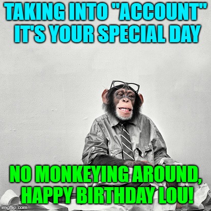 Monkey accountant | TAKING INTO "ACCOUNT" IT'S YOUR SPECIAL DAY; NO MONKEYING AROUND, HAPPY BIRTHDAY LOU! | image tagged in monkey accountant | made w/ Imgflip meme maker