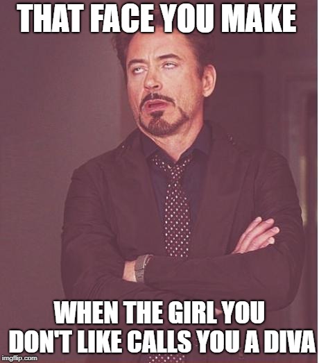 Face You Make Robert Downey Jr Meme | THAT FACE YOU MAKE; WHEN THE GIRL YOU DON'T LIKE CALLS YOU A DIVA | image tagged in memes,face you make robert downey jr | made w/ Imgflip meme maker