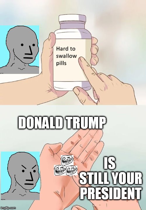 Hard To Swallow Pills | DONALD TRUMP; IS STILL YOUR PRESIDENT | image tagged in memes,hard to swallow pills | made w/ Imgflip meme maker