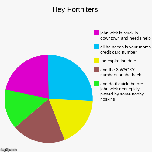 Hey Fortniters | and do it quick! before john wick gets epicly pwned by some nooby noskins, and the 3 WACKY numbers on the back, the expirat | image tagged in funny,pie charts | made w/ Imgflip chart maker