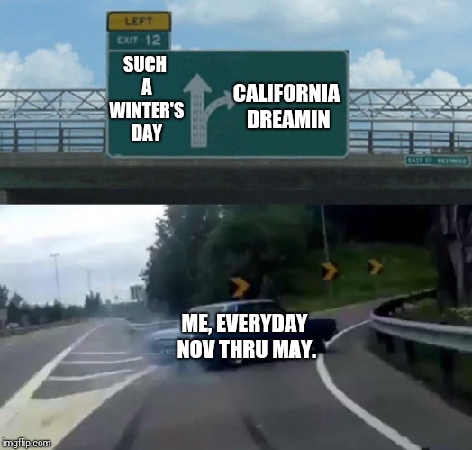 I'm Too Old For This Shi... | SUCH A WINTER'S DAY; CALIFORNIA DREAMIN; ME, EVERYDAY NOV THRU MAY. | image tagged in memes,left exit 12 off ramp,meme,cold weather,freezing cold,california | made w/ Imgflip meme maker