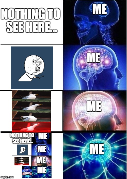 Expanding Brain Meme | NOTHING TO SEE HERE... ME; ME; ME; ME; NOTHING TO SEE HERE... ME; ME; ME; ME | image tagged in memes,expanding brain | made w/ Imgflip meme maker