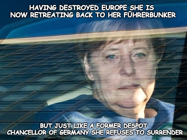 Three times in 100 years they tried and failed to Conqueror Europe. | HAVING DESTROYED EUROPE SHE IS NOW RETREATING BACK TO HER FÜHRERBUNKER; BUT JUST LIKE A FORMER DESPOT CHANCELLOR OF GERMANY SHE REFUSES TO SURRENDER | image tagged in conqueror,ww2,ww3,ww1,free speech | made w/ Imgflip meme maker