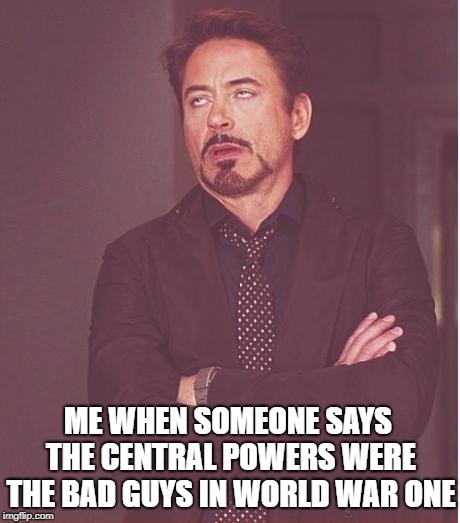 Not Really A Black & White Conflict | ME WHEN SOMEONE SAYS THE CENTRAL POWERS WERE THE BAD GUYS IN WORLD WAR ONE | image tagged in memes,face you make robert downey jr,central powers,ww1 | made w/ Imgflip meme maker