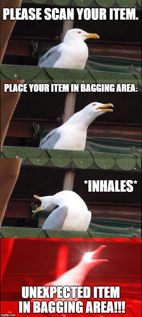 Inhaling Seagull | PLEASE SCAN YOUR ITEM. PLACE YOUR ITEM IN BAGGING AREA. *INHALES*; UNEXPECTED ITEM IN BAGGING AREA!!! | image tagged in memes,inhaling seagull | made w/ Imgflip meme maker