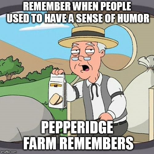 Pepperidge Farm Remembers Meme | REMEMBER WHEN PEOPLE USED TO HAVE A SENSE OF HUMOR; PEPPERIDGE FARM REMEMBERS | image tagged in memes,pepperidge farm remembers | made w/ Imgflip meme maker
